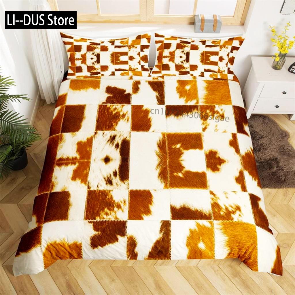 Brown Cowhide Duvet Cover Patchwork Cow Fur Farm Animal Bedding Set Western Farmhouse Retro Style Quilt Cover For Bedroom Decor