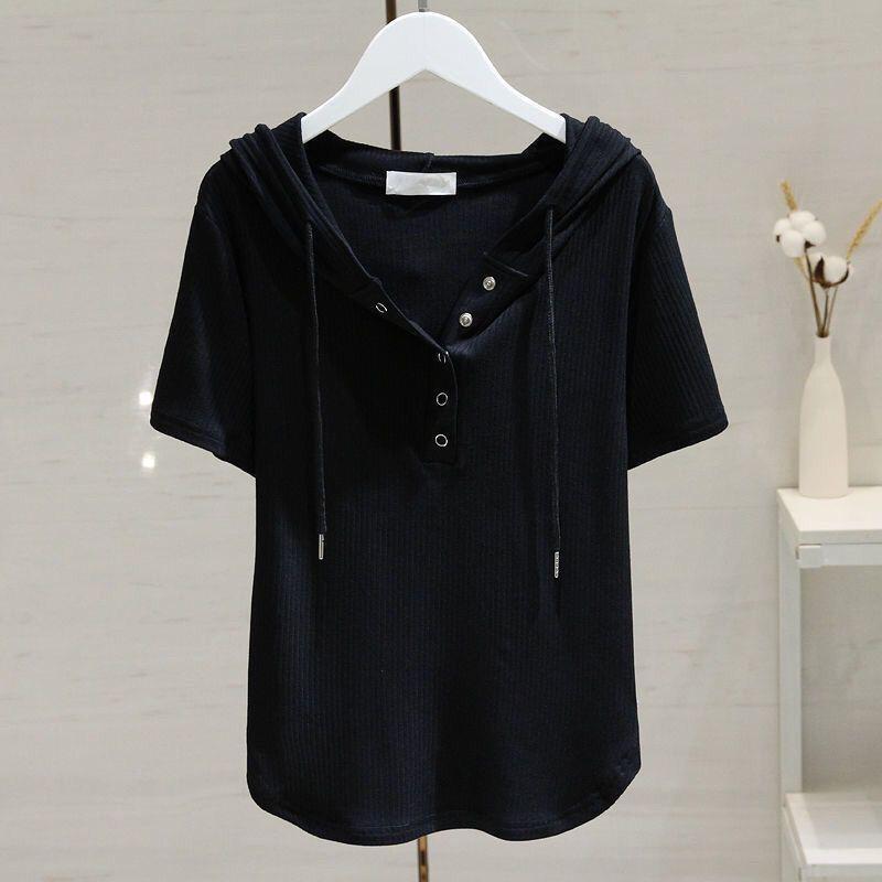 

Drawstring Hooded T-shirt for Women for Short-sleeved Summer Fashionable Loose Slim Versatile T-shirt Base Shirt S чёрный