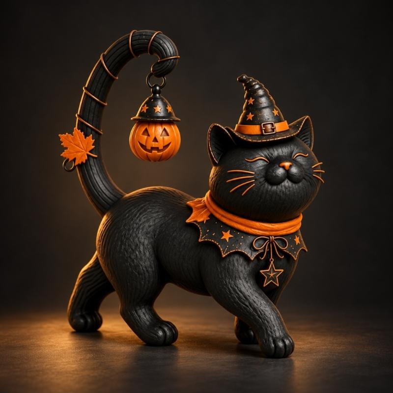 Standing Halloween Cats Decoration, Dark Figure with Pointed Hat and Aged-Look Finish for Entryway, Shelf, Office, or Desk Arrangement