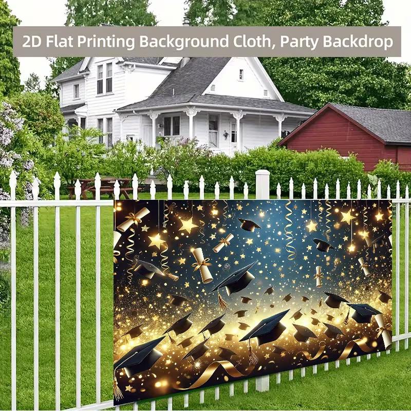 2D Class Party Backdrop Graduation Caps, Gold Stars and Streamers Party Background Cloth