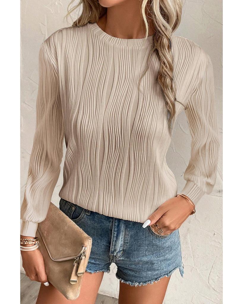 Azura Exchange Apricot Textured Wavy Round Neck Long Sleeve Top