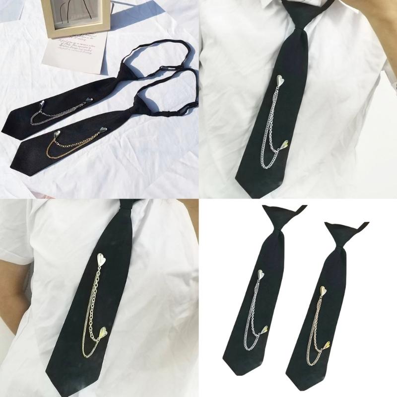 Japanese Punk Necktie Double Heart Chain Neck Tie Student Uniform Adjustable Pre Tied Neck Tie Shirt Collar Neckwear