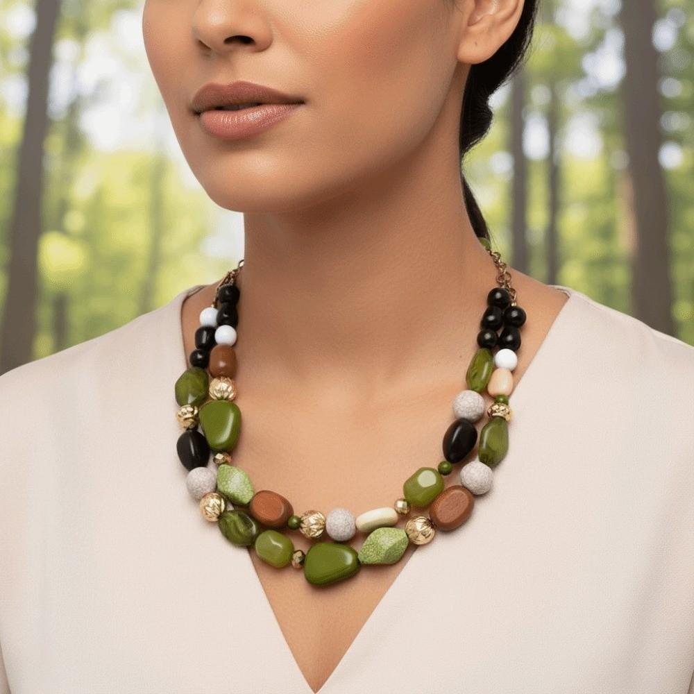 Double-row Green Tone Choker Geometric-shaped Boho Statement Collar Trendsetters