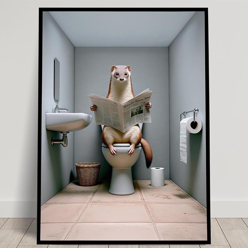 Animal Reading The Newspaper On The Toilet Posters and Prints Canvas Printing Wall Art Picture for Living Room Home Decoration