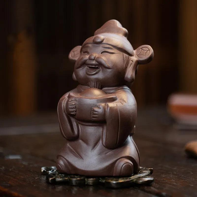 Chinese Yixing Handmade Sculpture Purple Clay Tea Pet Lucky Characters Tea Figurine Ornaments Tea Set Decoration Accessories 5.5x5.2x9cm