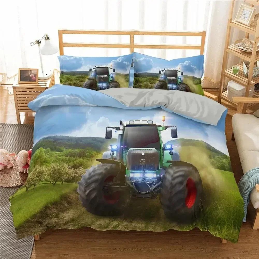 Retro Tractor King Queen Duvet Cover Car Bedding Set Engineering Vehicle Quilt Cover Farm Tool Cart Polyester Quilt Cover