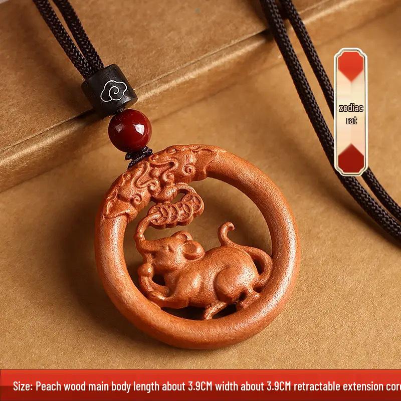 Peach Wood Zodiac Keychains: Year of the Dragon Pendant with Rat, Ox, Tiger Carvings - Carry-on Ornament Gift