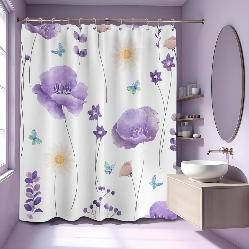 Light Purple Watercolor Floral Shower Curtain Lavender Lilac Spring Summer Modern Minimalist Flower Shower Curtains for Bathroom