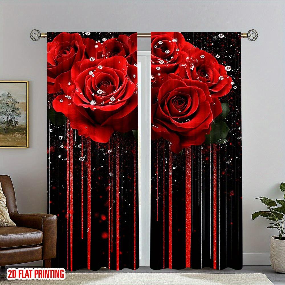 2Pcs Polyester Dimensional Red Roses Printing Window Curtains Birthday Party Decoration Backdrop Drapes for Living Room
