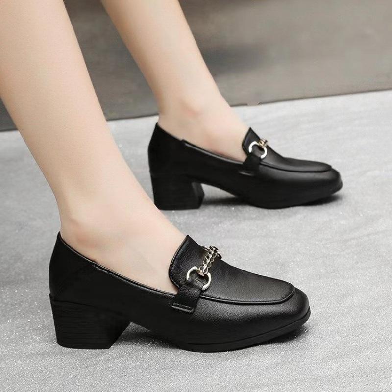 Thick Heel Square Head Single Shoes Women's Leather Shoes British Style Spring and Autumn One Pedal Loafers One Shoe Two Wear Thick Heel Large Size W