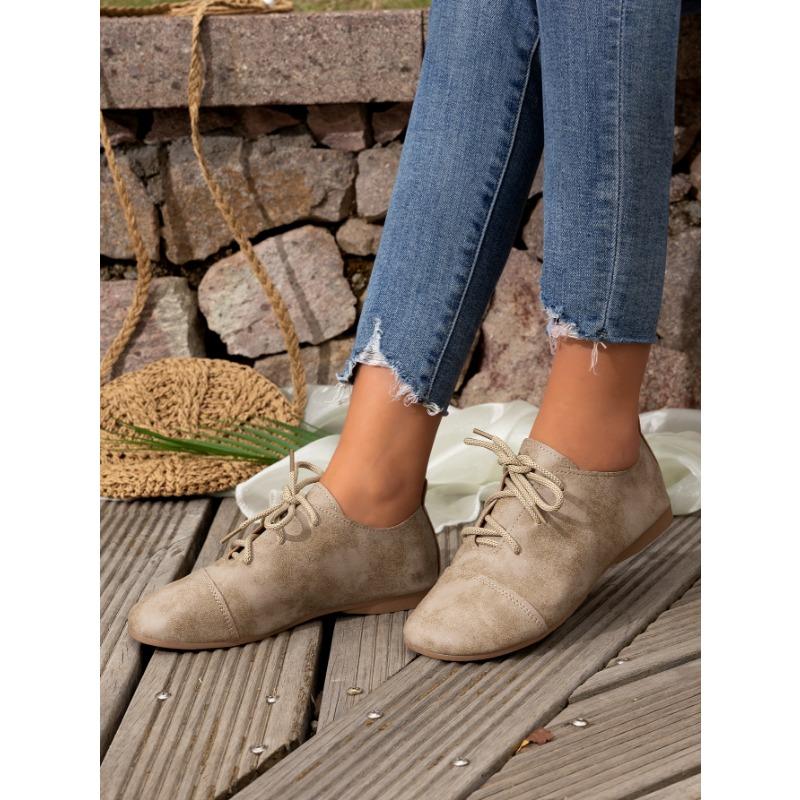 Damen Retro Flache Schnürschuhe Damen Frühling und Sommer Neu Bequeme Flache Runde Zehenpartie Freizeitschuhe