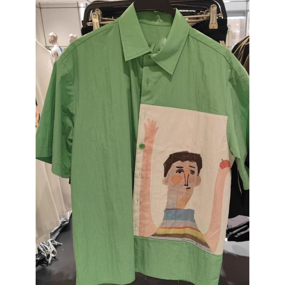 Summer Fashion Casual Versatile Short Sleeved Loose Printed Shirt Men's Contrasting Color Splicing Top