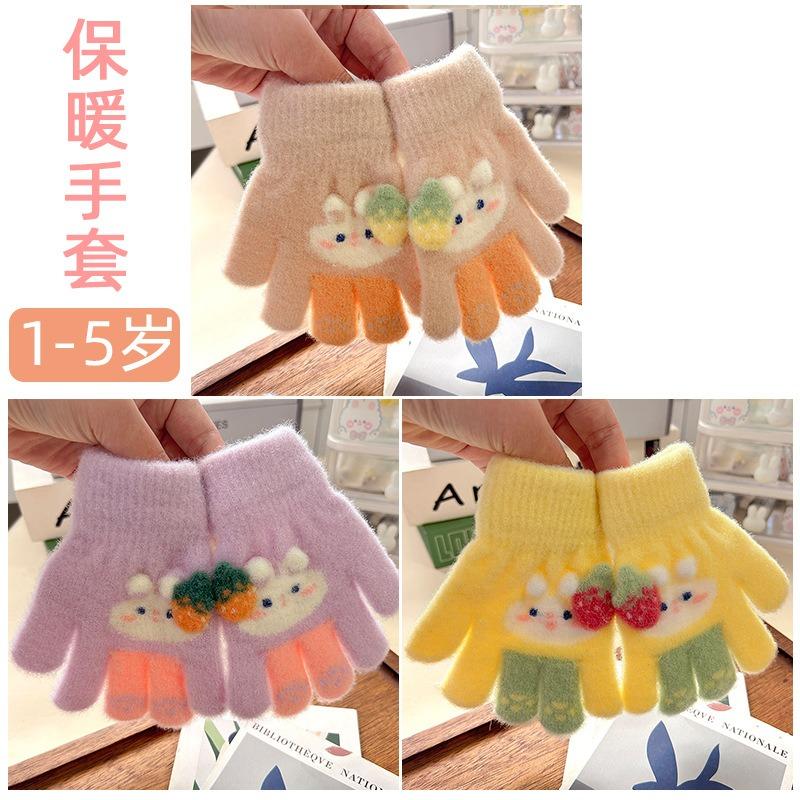 Grass plum rabbit children's gloves baby full finger thickened warm year old full finger child finger cover new gloves