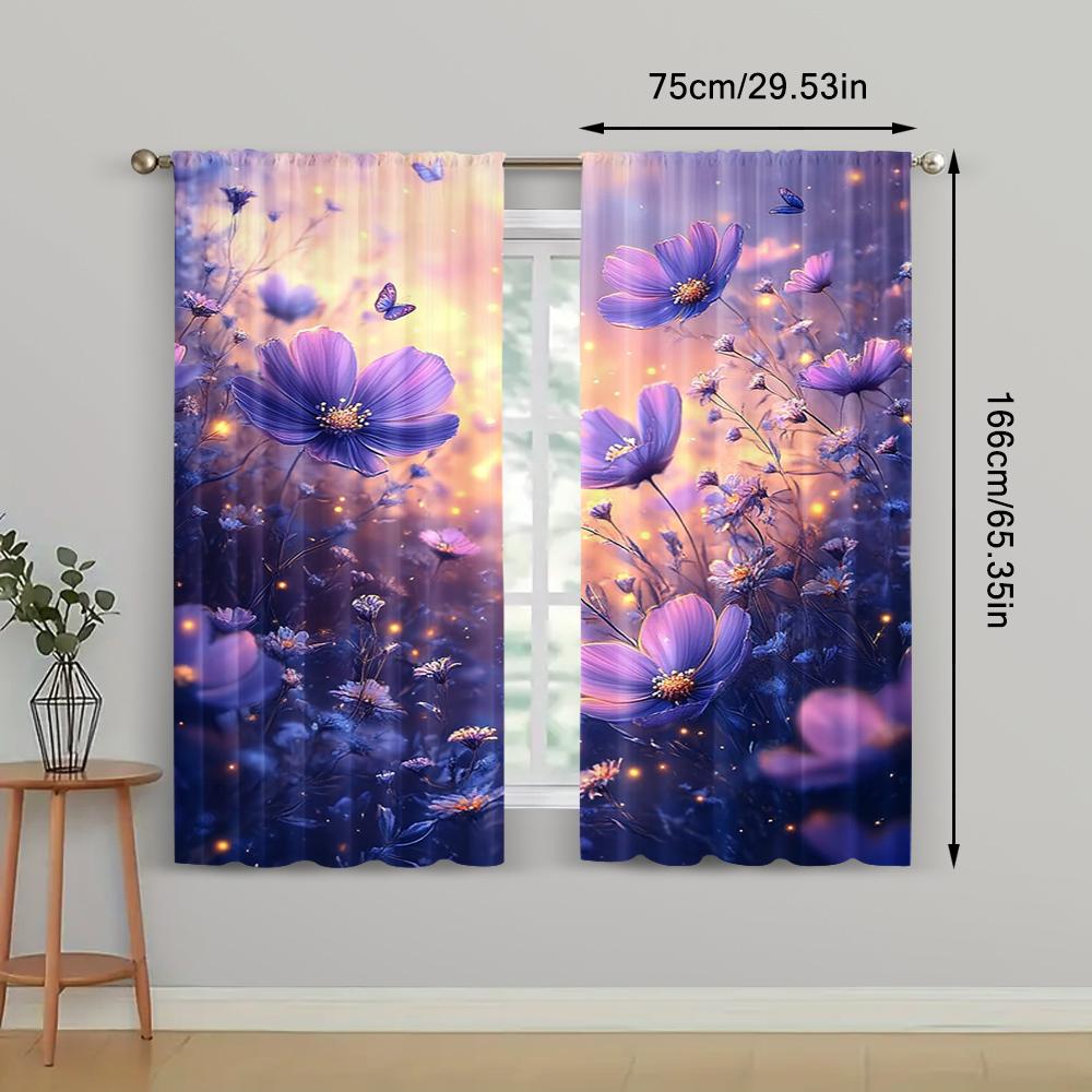 2pc,  Window Curtains Blue & Purple Flowers Light Filter Spring Party & Holiday Decor Perfect for Carnival Decor