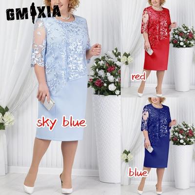 S-5XL Knielanges Partykleid mit Spitzentop und Applikationen am Saum