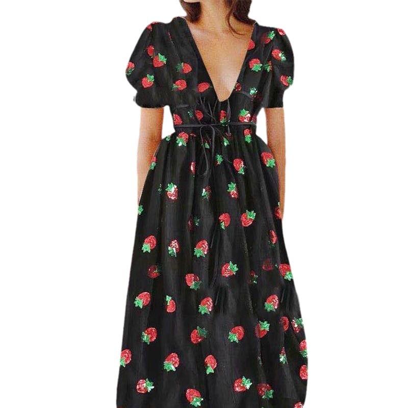 Damen Abendkleid mit Erdbeer-Pailletten-Verzierung, V-Ausschnitt Tüll Schnürung Langes Kleid, Elegantes Sexy A-Linien Ballkleid mit Fließendem Rock