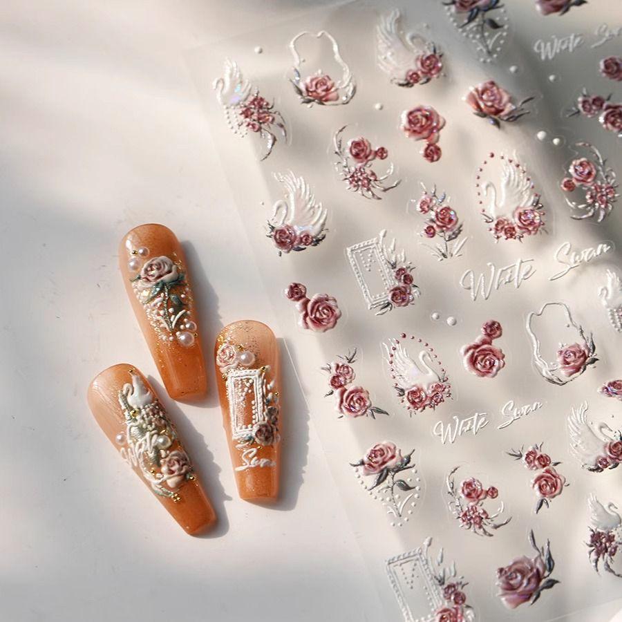 Elegant 3D Swan Flower Embossed Nail Art Stickers for Nails, Phones, and iPads