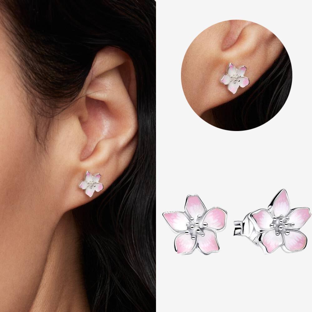Authentic 925 Silver Cherry Blossom Bow Heart Hoop Stud Drop Earrings plata de ley Jewelry DIY Birthday Gift Original