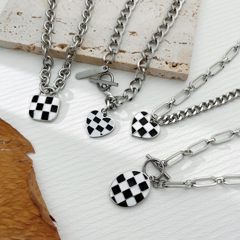 Heart Trendy Shape Titanium Steel Necklace Featuring Stylish Black And White Checkerboard Design