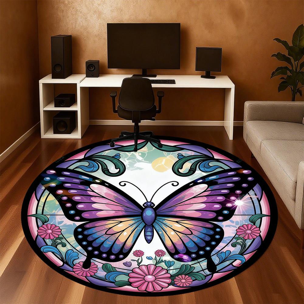 1pc Butterfly Flowers Round Chair Mat Office Area Rug - Non-Slip, Floor Mat for Office, Bedroom, Ideal Home Decor Gift C0112058