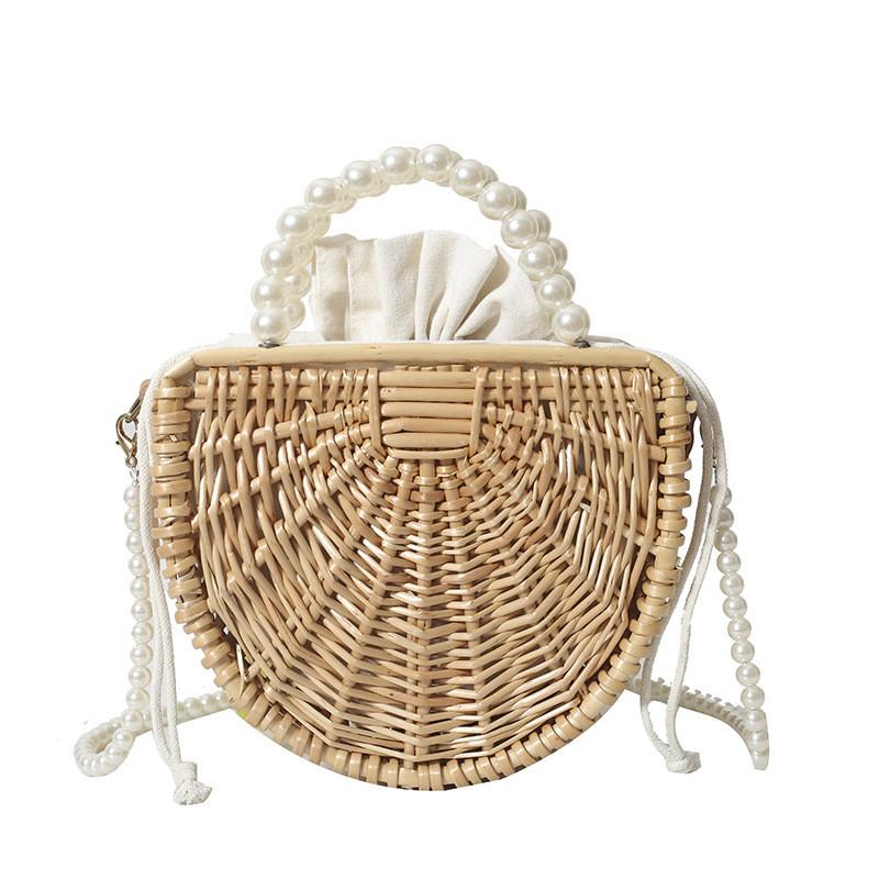 Handcrafted Bamboo Weave Tote Bag With Pearl Shoulder Strap For Beach Travel And Daily Use