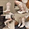 Women's Mid-Calf Boots, Western Boots, Hollow Thick Heels, Embroidered Flame Knight Boots