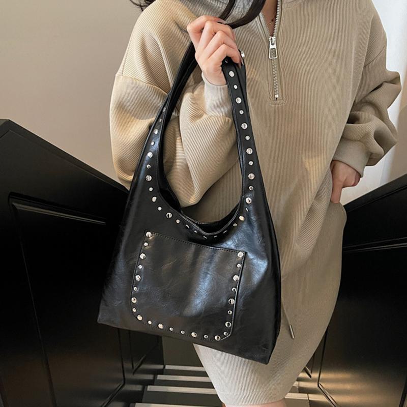 Women's Retro Rivet Solid Color Commuting Travel Shopping Tote Bag Versatile Large Capacity Shoulder Bag CLE