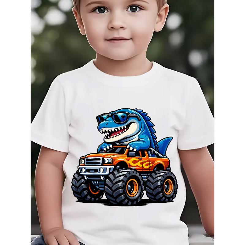 Taglie Europee Estate Moda Bambino T-shirt a Maniche Corte con Occhiali alla Moda Stampa Cartone Animato T-Rex e Monster Truck, Top Casual da Esterno