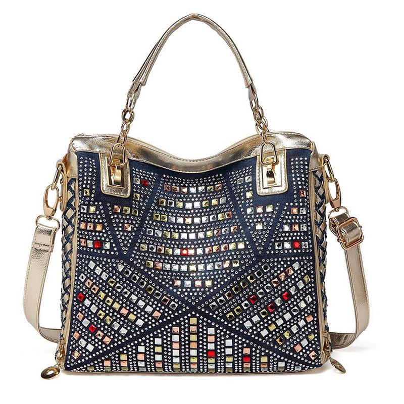 Women's 2024 Denim Canvas Rhinestone Shoulder & Crossbody Tote Handbag