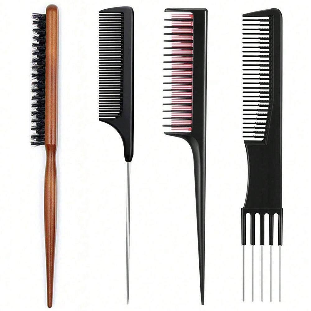 4pcs/1set Professional Hair Tail Comb Cutting Comb Styling Stainless Steel Hairdressing Tip Tail Pick Comb