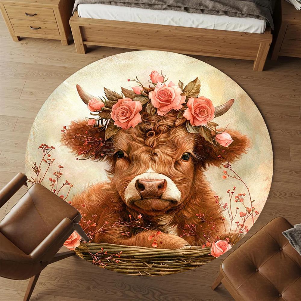 1PC Cow Flowers Office Round Area Rug, Under Office Chairs Bedroom Living Room Home Decor,Carpet for Office, -1110254