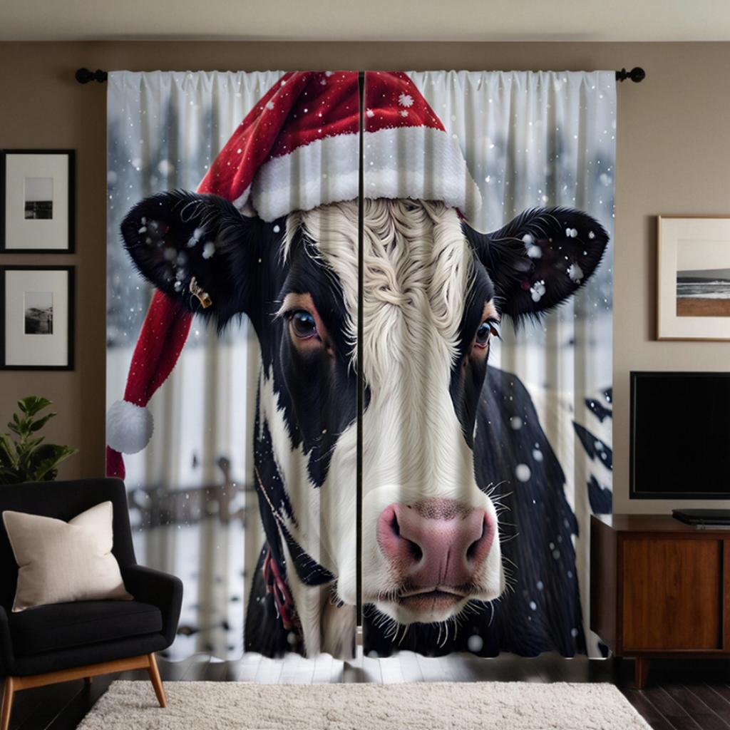 2pcs HD Cow decorative curtain with Santa hat White tie digital printed curtain Home Decoration style Decorate living room be