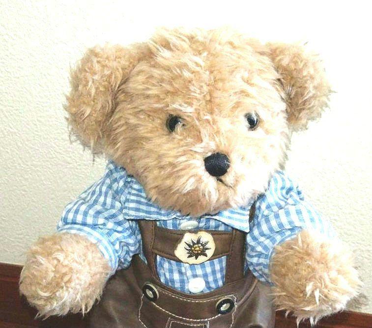 [USED] Teddy bear in Oktoberfest costume: gingham shirt and overalls