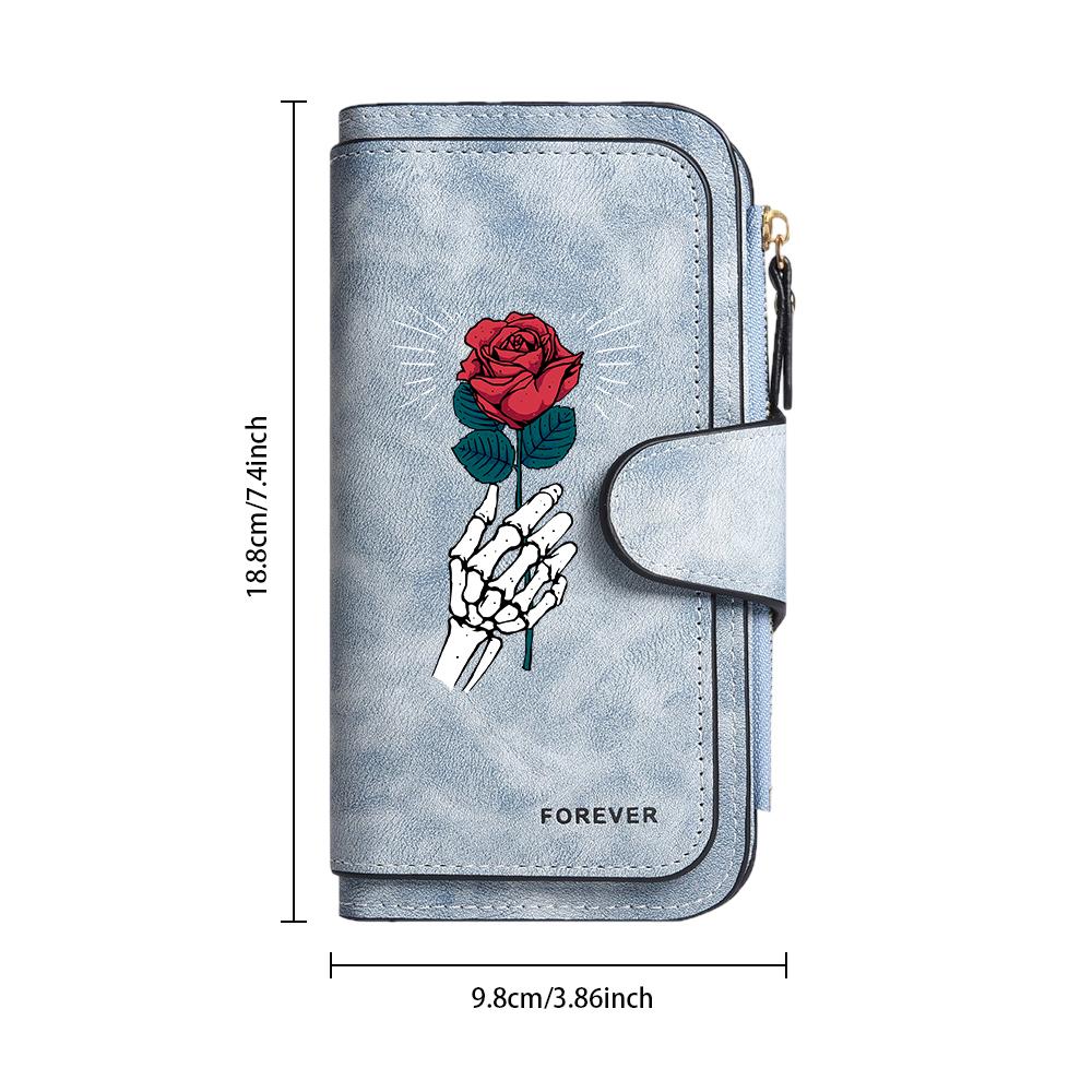 Gothic Skeleton Rose Print Long Wallet Fashion Multi Slot Portable Forever Purse 