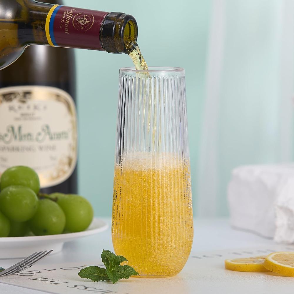 12pcs Plastic Ribbed Champagne Flutes 9 Oz Stemless Disposable Clear Plastic Toasting Glasses Shatterproof Cups Unbreakable Wine Glasses