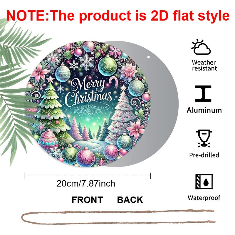 2D Flat, 1pc Vintage Round Aluminum Hanging Sign - Pink/Purple/Green Wreath Center Metal Decoration with "Merry" Text, Durable Indoor/Outdoor Holiday