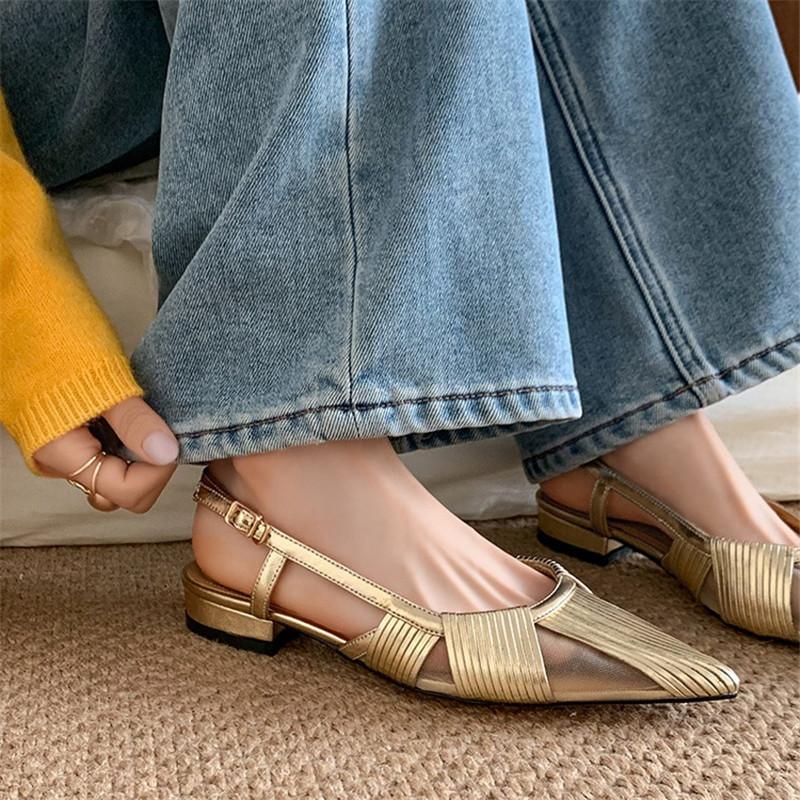 Fashion New Summer Sandals Split Leather Pointed Toe Sandals for Women Low Heels Fashion Mesh Sandals Ladies Shoes Women Golden Silvery