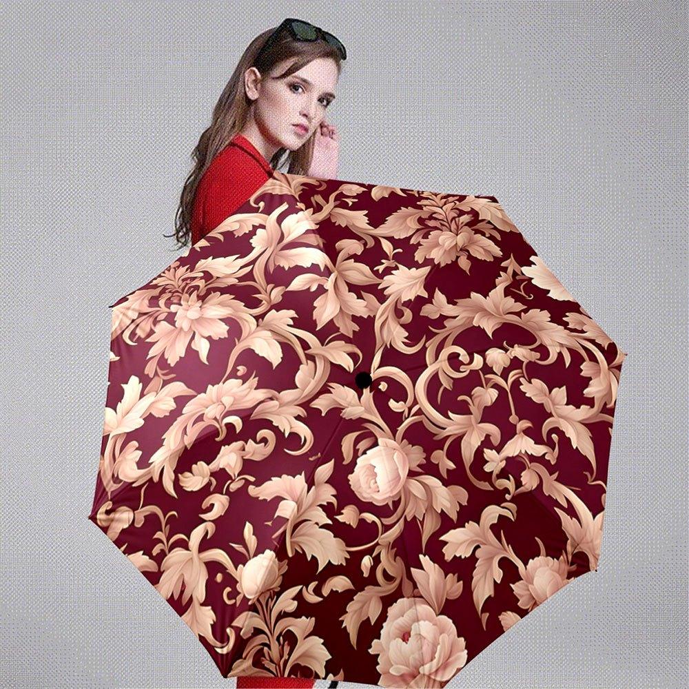 Automatic Folding Umbrella with Burgundy Floral Design - Portable Collapsible Umbrella, 8-Rib Sturdy Frame, Automatic Open/Clo