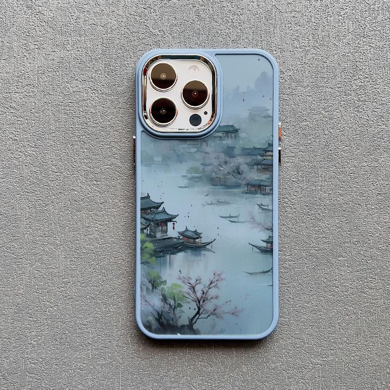 Mountains and Streams Pavilion Ink Brush Painting Phone Case for iPhone 12 13 14 11 Pro Max X XR XS 14 7 8 Plus SE Silicon Cover