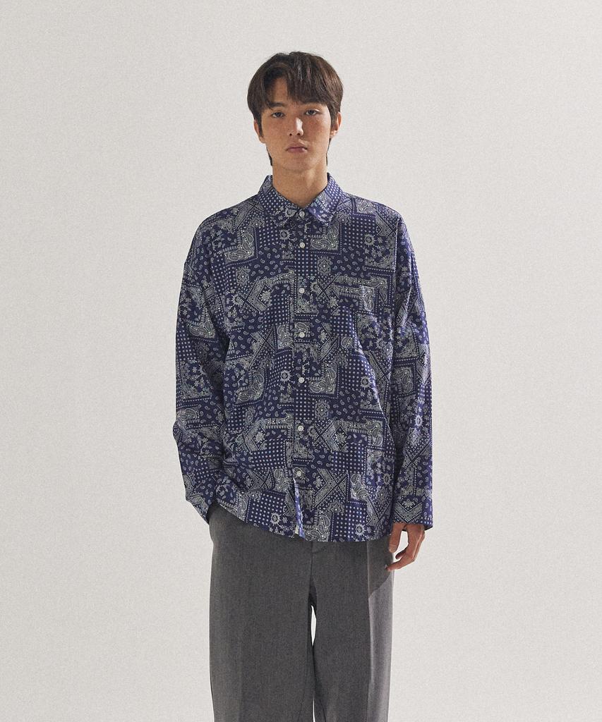 PALAP Unisex Classic Paisley Pattern Oversized Shirt_Pl24S3Sh027_Nv