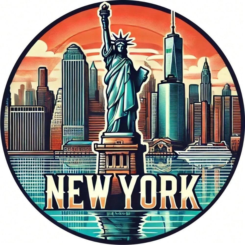 Vintage NYC Skyline Metal Wall Art Modern Aluminum Gold Statue Of Liberty