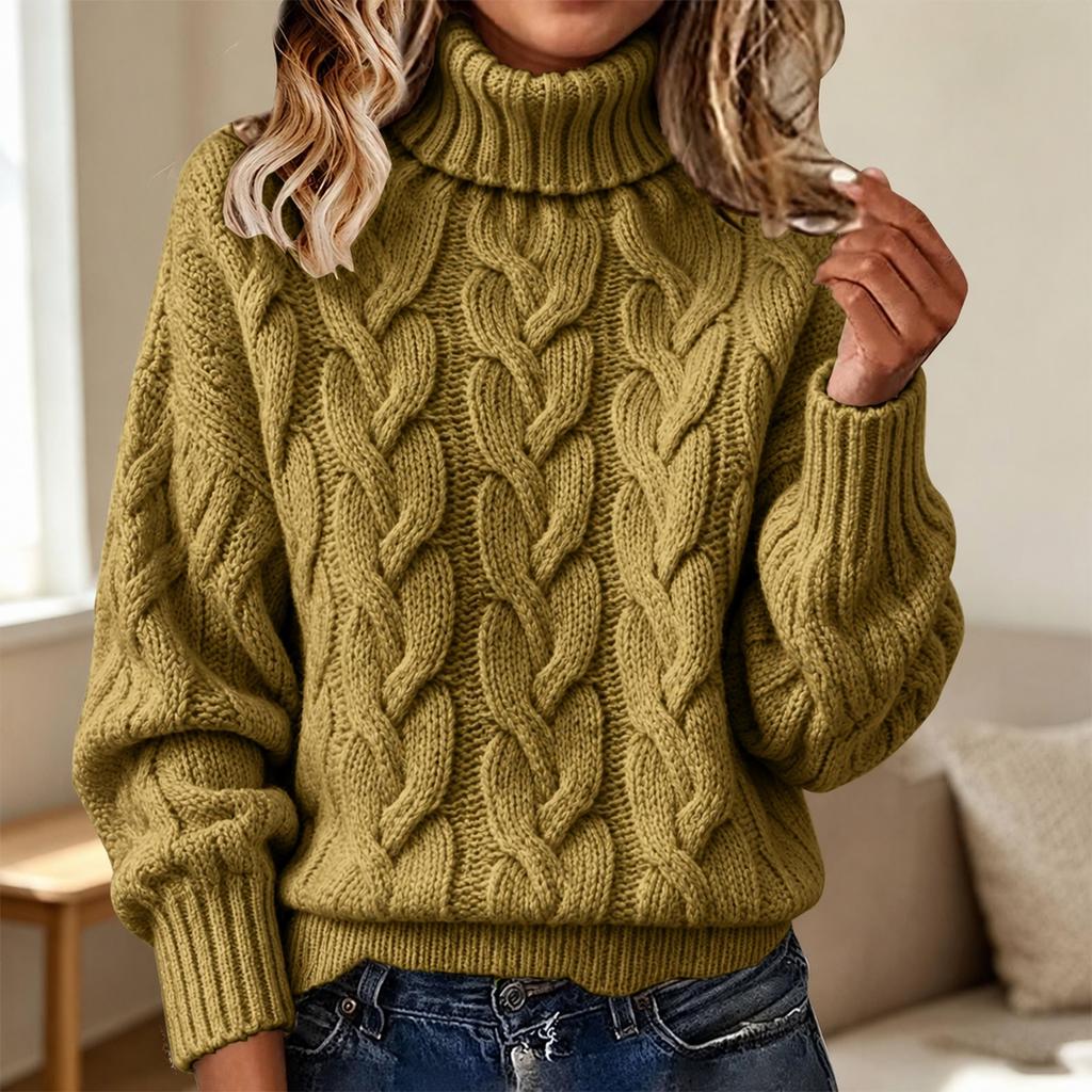Damen-Strickpullover mit Rollkragen, langen Ärmeln, einfarbig und mit Zopfmuster