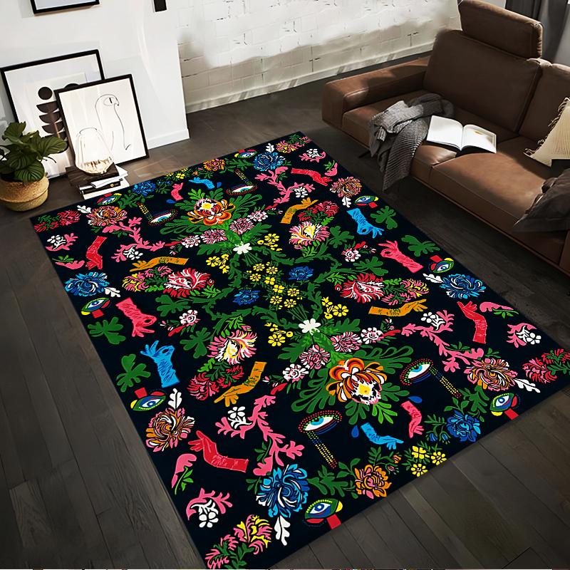 Colorful Artistic Floral Carpet with Eye Symbols and Hand Motifs Suitable for Use As an Anti-slip for Living Room Bedroom Sofas