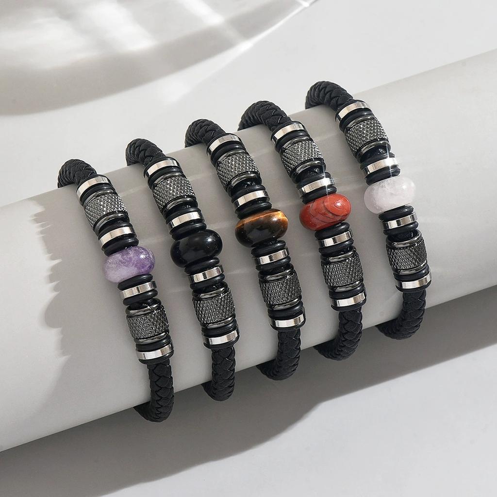 Custom Jewelry No Tarnish 5Pcs Black Cowhide Bracelet Set Silver Spacer Natural Stone Stackable Wrist Jewelry Men Street Style