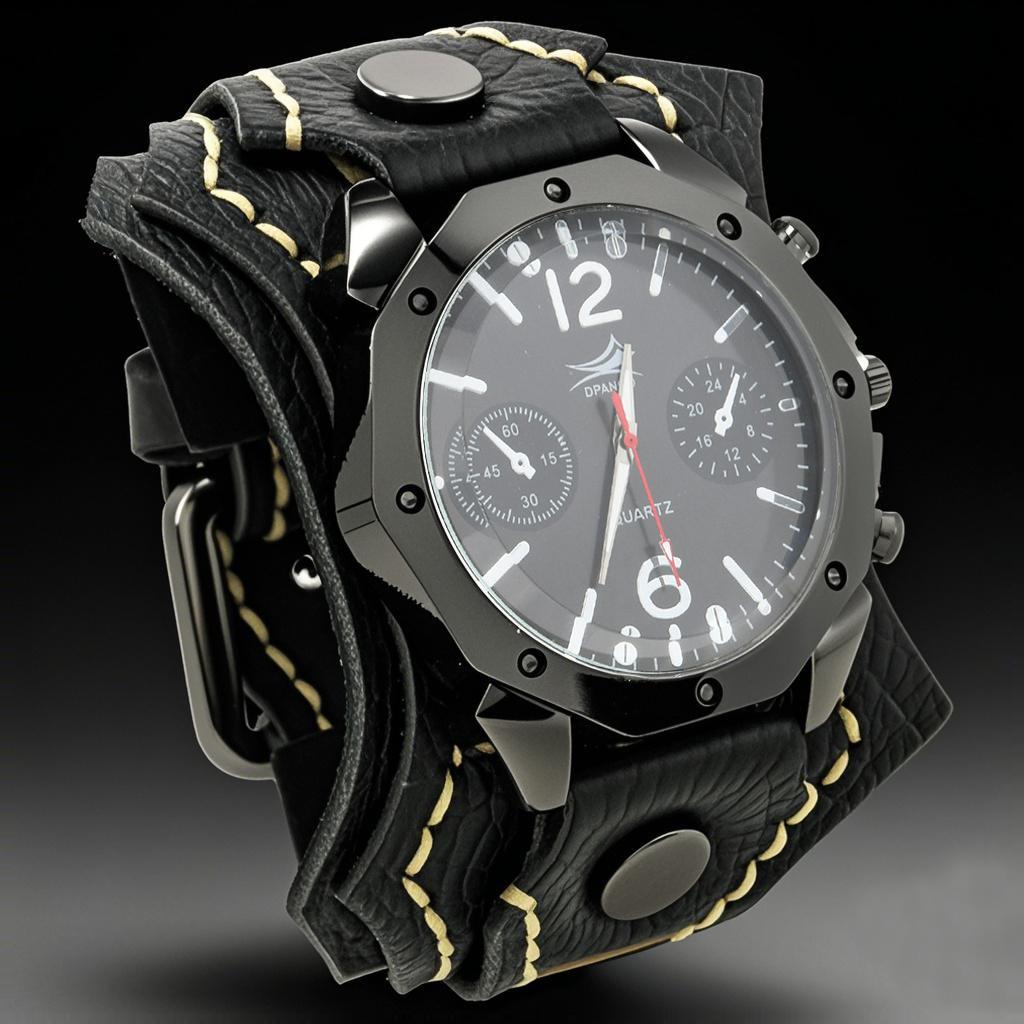 Men'S Punk Rock Style Large Dial Quartz Watch Vintage Multi Layer Hand Stitched Cowhide Strap
