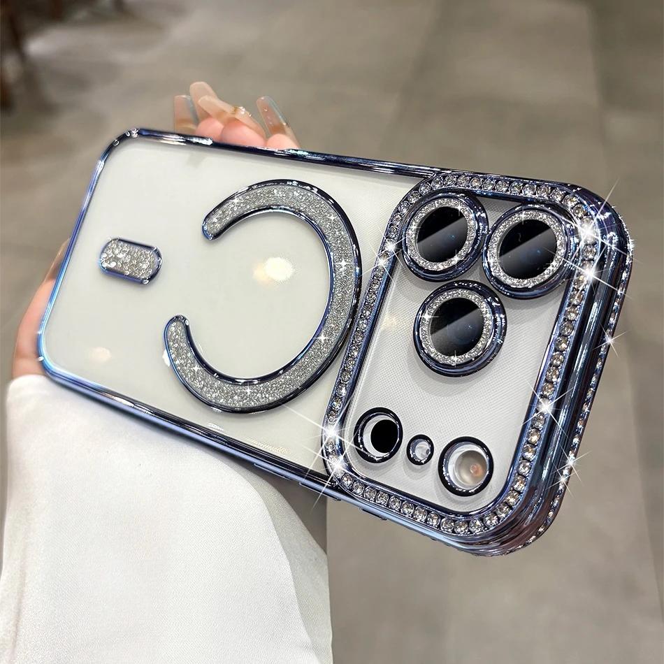 For iPhone Air 17 Pro Max Luxury Girl's Phone Case For iPhone 16 15 14 13 12 Pro Max Bling Diamond Lens Film For Magsafe Cover