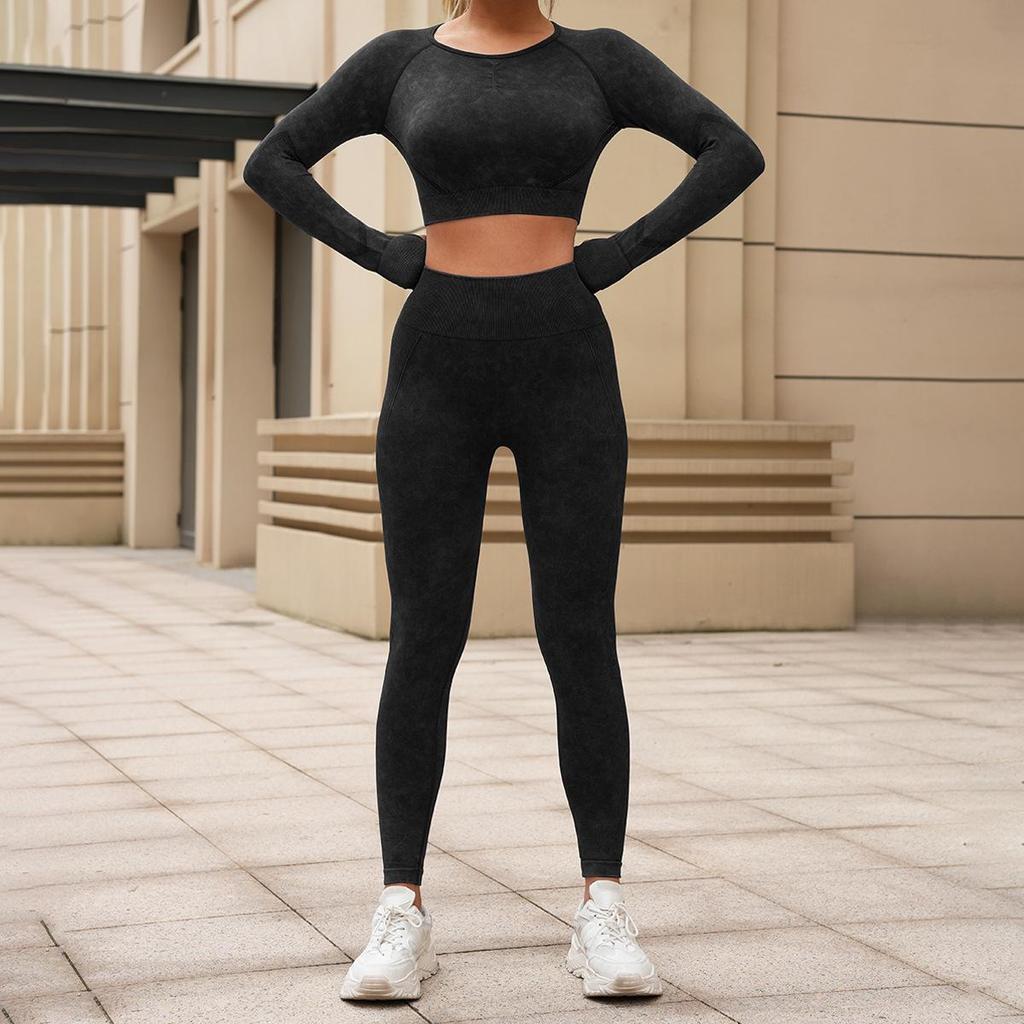 Women's European & American Washed Yoga Set: Long Sleeve Top and Slim Fit Pants, Two-Piece Fitness Outfit.