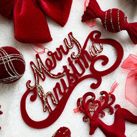 Christmas Ornaments Red Flocking Bell Wreath Snowfall Elk Pendant Snowy Winter Decor for Tree Hanging