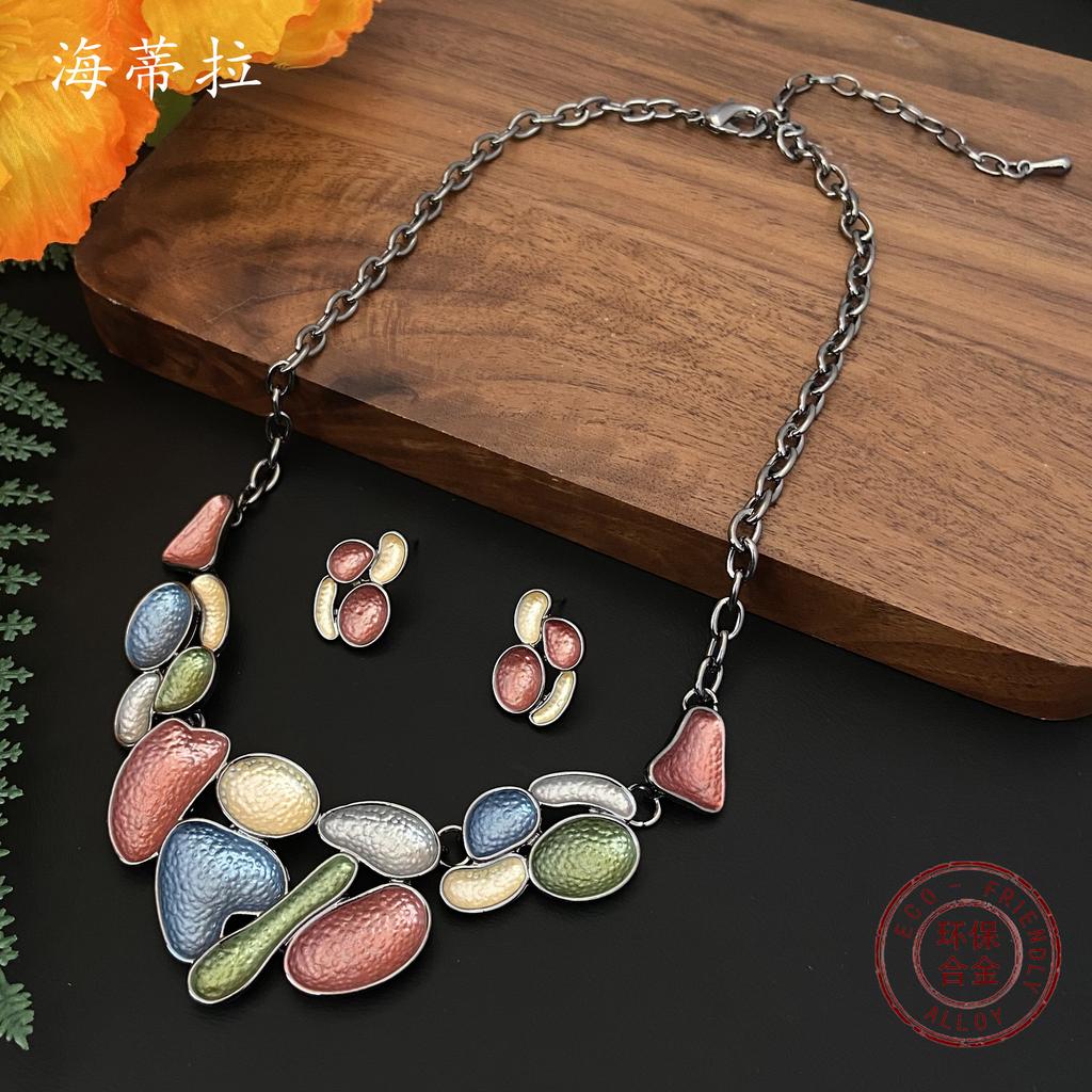 Farbe Malerei Öl Geometrisch Vergoldet Halskette Ohrringe Set Mode Damen Premium Blütenblatt Accessoires