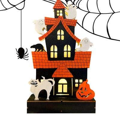 Light Up Haunted House Halloween Themed Table Topper Wooden Spooky Tabletop Light Battery Operated Ghost House Decoration